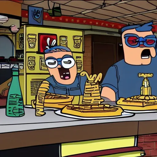 Prompt: the regular show in wafflehouse