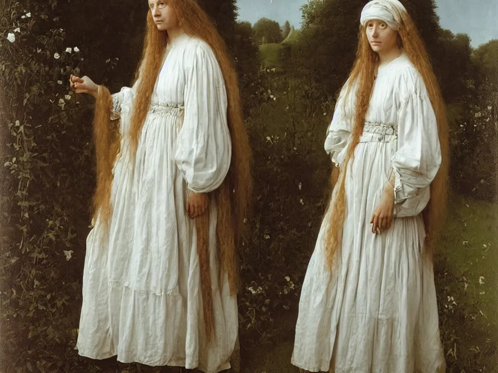 Image similar to portrait of a long haired hippy woman in a white dress. 21 th century clothes. Painting by Jan van Eyck, August Sander.