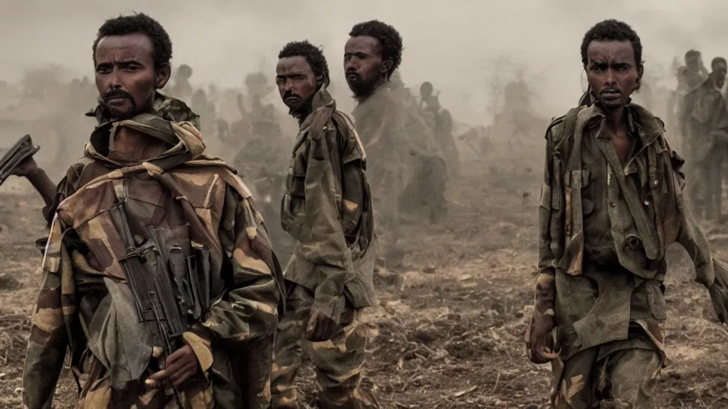 Prompt: Ethiopian civil war, moody, dark, movie scene, hd, 4k, wide shot