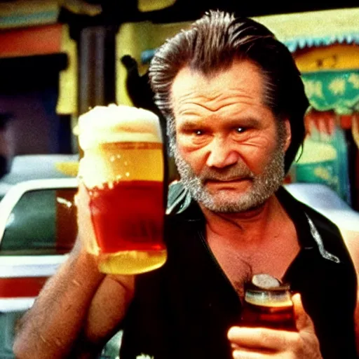 Image similar to Big trouble in little China, Jack Burton (no facial hair) drinking beer, Chinatown bar, amazing shot, colorized, 1987