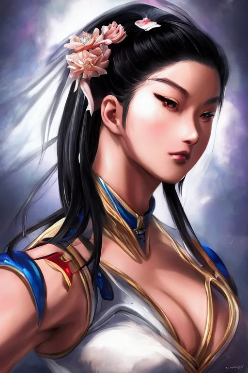 Image similar to beautiful portrait of Chun LI, pretty, semi realistic anime, hyper detailed, 8k, DeviantArt, Instagram, Behance, Artstation, trending on artstation, Pixiv, Pixiv daily ranking, art of silverfox, Yee Chong Silverfox, Sydney Hanson, Mickael Lelièvre, Jaeyeon Nam, derevschikova, Elina Karimova