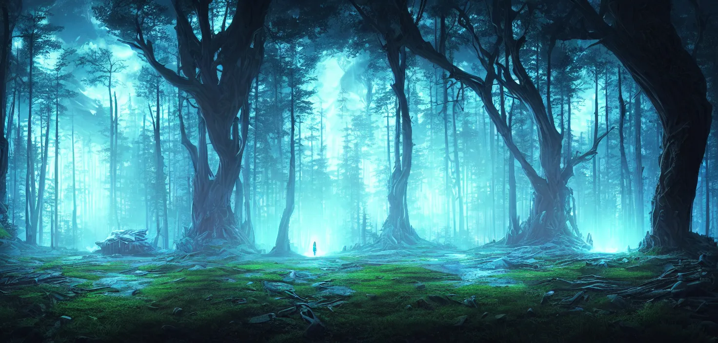 Image similar to random scary forest house landscape, round glowing blue neon portal door, incredible, vector art, octane render, fabulous, hyper detailed, random cinematic view, no noise, global illumination, warm lighting, volumetric, godrays, vivid, beautiful, by jordan grimmer