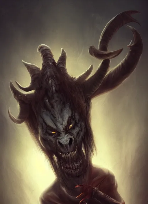 Prompt: terrific jinn demon in with hoof on his feet and goat face with long cloth, horror, dark atmosphere, harsh lighting, cinematic lighting, scary, award wining art, artstation, high details, concept art, 4 k