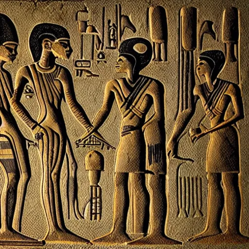 Image similar to aliens interacting with ancient egyptians, photorealistic, sharp focus