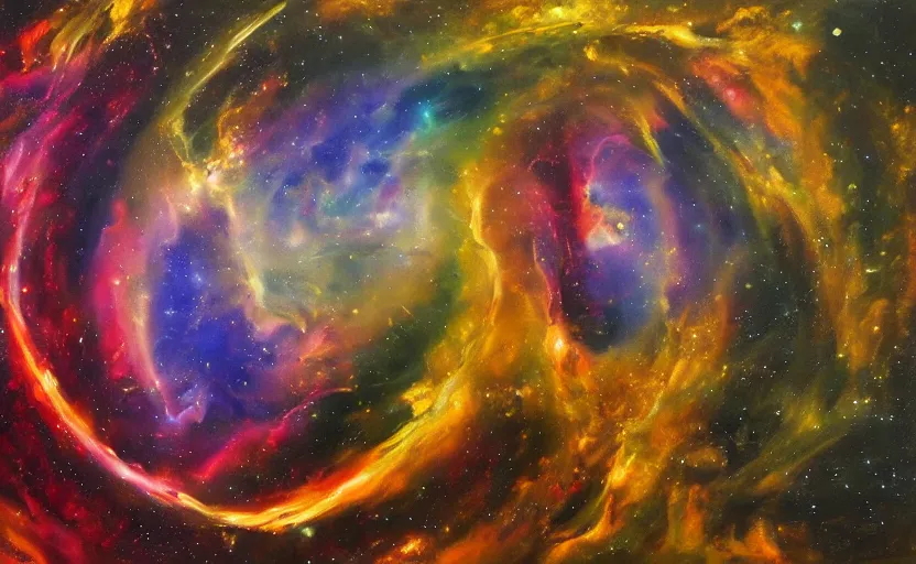 Image similar to an abstract oil painting of an unbelievably beautiful space nebula; all swirling light and fire; hyper-detailed; an extraordinary masterpiece!!!; flawless; trending on artstation