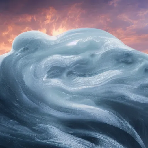 Prompt: a matte painting of a marble, cracking Poseidon riding up from a stormy sea at sunset
