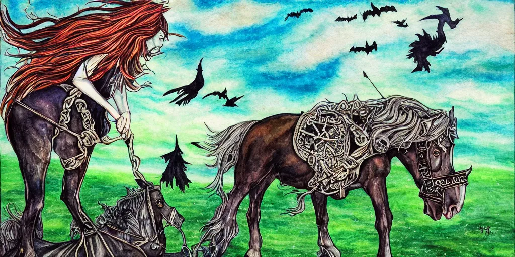 Image similar to Dullahan, dashing down the moor, bats, Celtic, horse, fae, teal, black, blue, clouds, ravens, gothic, moody colors, watercolor, colored pencil, metallic, traditional medium, highly detailed, textured canvas, Lisa Frank