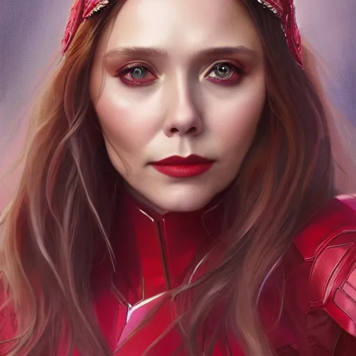 Image similar to ultra realistic illustration, elizabeth olsen as scarlet witch, intricate, elegant, highly detailed, digital painting, artstation, concept art, smooth, sharp focus, illustration, art by artgerm and greg rutkowski and alphonse mucha