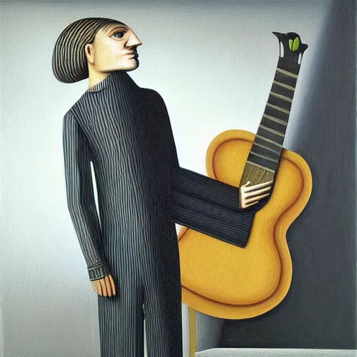 Prompt: a painting of a man wearing striped shirt, playing the guitar by gertrude abercrombie. precisionism, surrealism, dark, low contrast, featured on pixiv, art on instagram, detailed painting