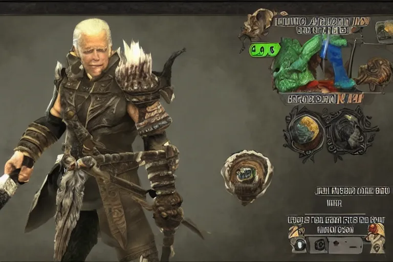 Prompt: joe biden monster hunter screenshot, switch axe