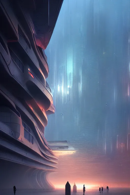 Image similar to emissary futuristic downtown by tim blandin and arthur haas and bruce pennington and john schoenherr, cinematic matte painting, zaha hadid building, photo realism, dark moody color palate, blue hour stars, desolate glacial landscape,