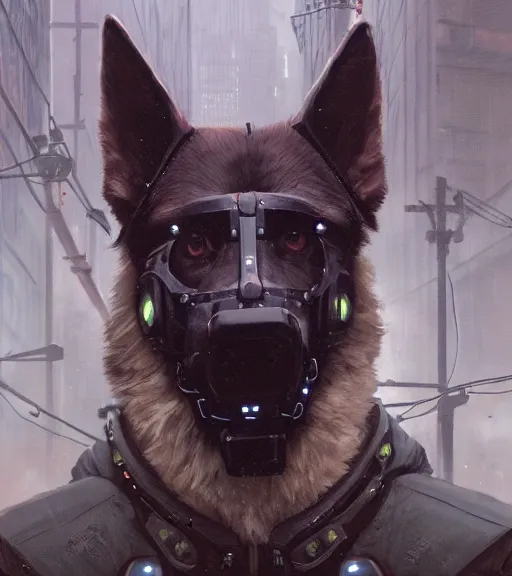 Image similar to new york city portrait of furry anthro anthropomorphic german shepard head animal person fursona wearing clothes strange cybernetic muzzle gloomy rainy cyberpunk digital art by Greg Rutkowski, Simon Stalenhag, christopher nolan trending on Artstation, CGSociety