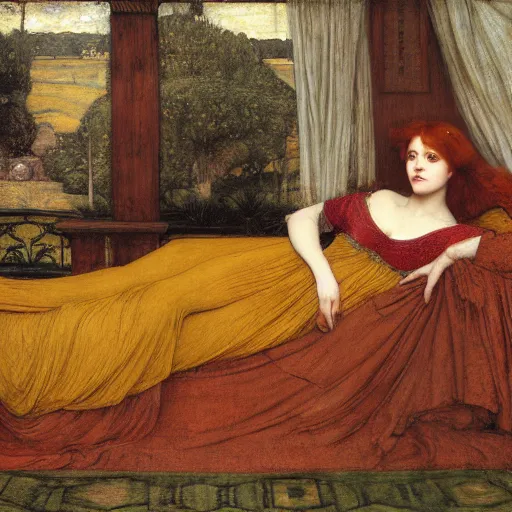 Image similar to preraphaelite portrait reclining on bed, hybrid of judy garland and lucy hale, aged 2 5, brown fringe, wide shot, yellow ochre ornate medieval dress, john william waterhouse, kilian eng, rosetti, john everett millais, william holman hunt, william morris, 4 k