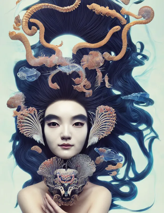 Image similar to 3 d goddess half - turn portrait with long hair with ram skull. beautiful intricately detailed japanese crow kitsune mask and clasical japanese kimono. betta fish, jellyfish phoenix, bio luminescent, plasma, ice, water, wind, creature, artwork by tooth wu and wlop and beeple and greg rutkowski