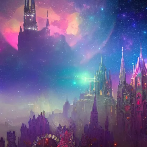 Image similar to a beautiful highly detailed digital art of colorful castle nebulas by, moebius, alphonse mucha, stars in the background, highly detailed, intricate design, cinematic view, 8 k resolution, octane render, matte painting, trending on artstation