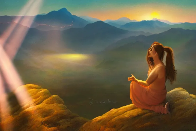 Image similar to painting of a mystical creature holding a source of light in her hands she is on top of a mountain, contemplating her existence in a beautiful sunset near dusk, cinematic composition