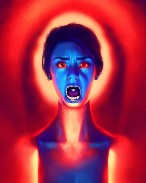 Prompt: beautiful Stella Maeve screaming in fear in a red cave, blue lighting deep in the cave, symmetrical face symmetrical eyes, red hair, portrait, Charlie Bowater character art, no long neck, cinematic lighting