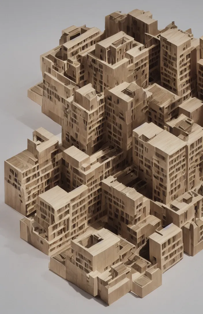 Image similar to isometric view, architectural model, studio lighting, low contrast, wood and paper, tall building, social housing for 1 0 0 0 household, frank gehry architecture, high tech, post - modernism