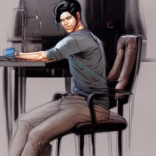 Image similar to a beautiful artwork of a young male scientist with black hair sitting on a chair at a desk by Jerome Opeña, featured on artstation