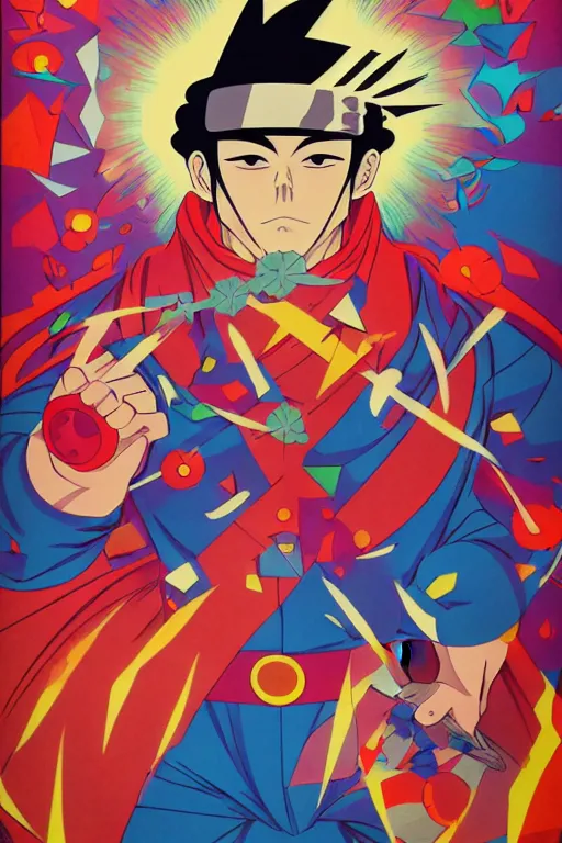 Image similar to abstract portrait of kongming as superhero, 6 0 s anime art, floating detailes, very detailed face, leaves by miyazaki, colorful palette illustration, kenneth blom, mental alchemy, james jean, pablo amaringo, naudline pierre, contemporary art, hyper detailed