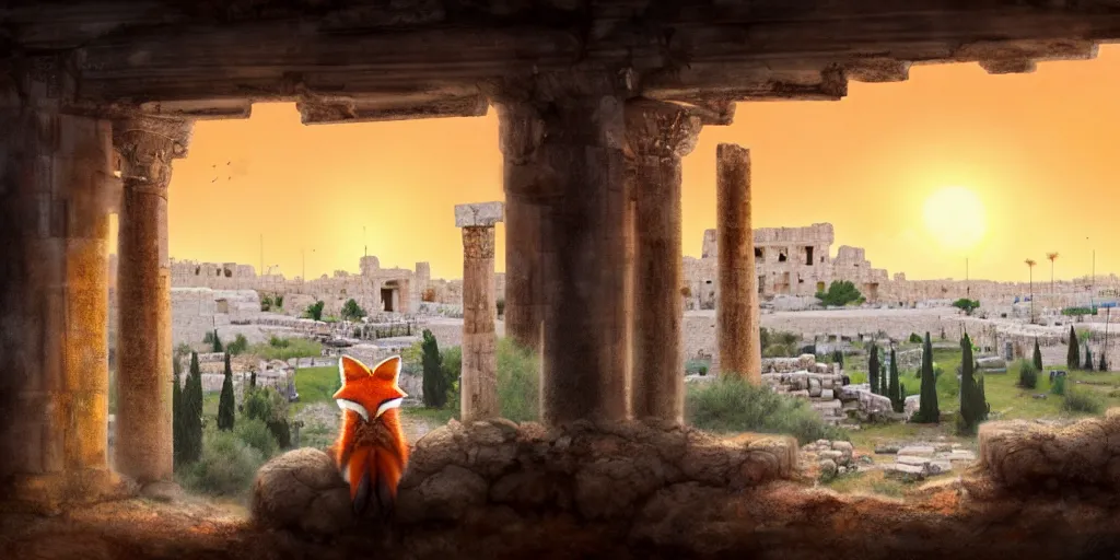 Prompt: a adorable small fox in the huge ruins of the second temple in jerusalem in the distance. the third temple hovers quietly hiding in the dreamy clouds above. a hooded bearded old man in a brown tunic laughing, colorful 8 k, art station, intricate superb details, digital art, cinematic, bokeh dof sky, by stalenhag.