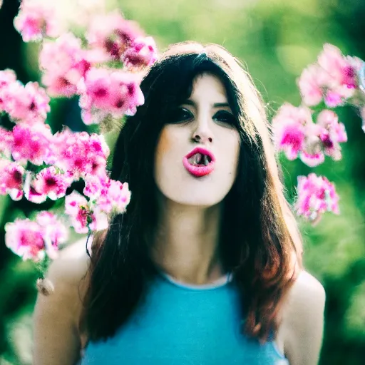 Image similar to , a photo of a beautiful lady with flowers coming out of her mouth 5 0 mm lens, f 1. 4, sharp focus, ethereal, emotionally evoking, head in focus, volumetric lighting, blur dreamy outdoor,