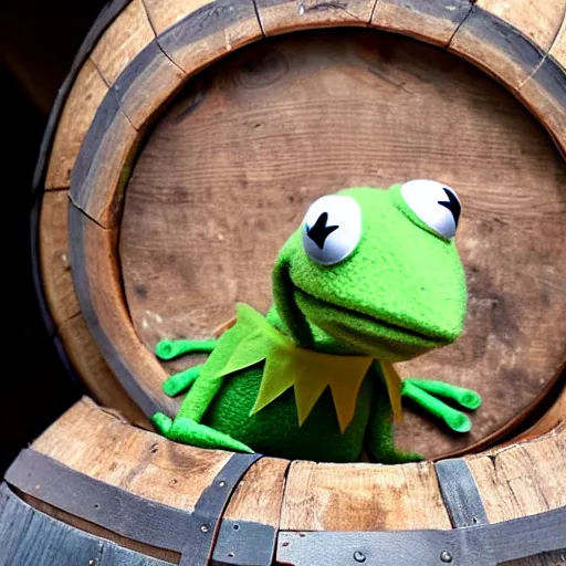 Prompt: Kermit the frog sitting on top of a sideways oak barrel