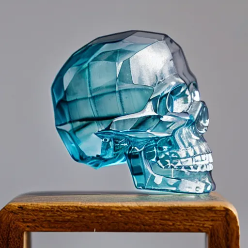 Prompt: transparent fluorite crystal skull on oak plinth, polygonal