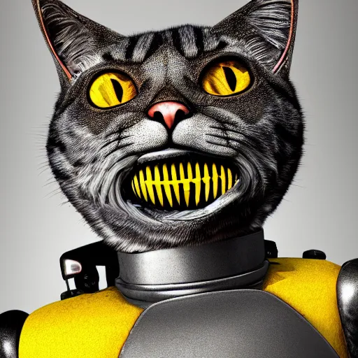 Image similar to a humanoid cat like creature in full body armor, force fields on the armor, yellow eyes, and grey fur with teeth that protrude past their lower jaw holding rifles