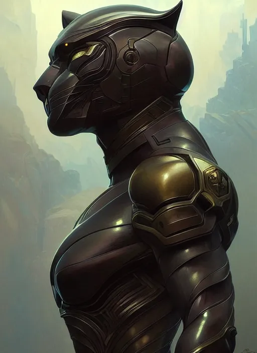 Image similar to symmetry!! portrait of a panther, sci - fi armour! muscular, fantasy, intricate, elegant, highly detailed, digital painting, artstation, concept art, smooth, sharp focus, illustration, art by artgerm and greg rutkowski and alphonse mucha