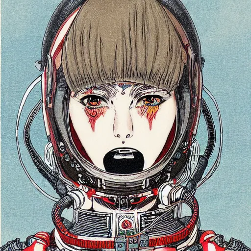 Prompt: portrait of female demon naraka astronaut painted in miyazaki color style drawn by katsuhiro otomo and takato yamamoto, high detail, intricate linework, sharp, monster face, perspective, manga and anime