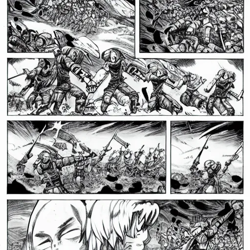 Image similar to large scale battle comic highly detailed in the style of olivier ledroit