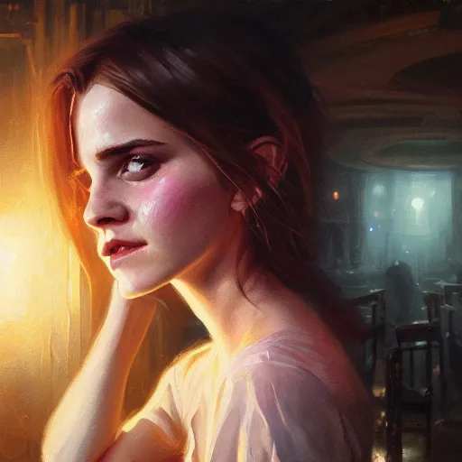 Image similar to highly detailed painting of emma watson drunk in a club, stephen bliss, 8 k, by greg rutkowski, loish, rhads, artgerm, ferdinand knab, makoto shinkai and lois van baarle, ilya kuvshinov, rossdraws, global illumination, radiant light, detailed and intricate environment