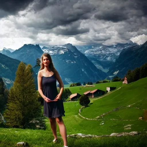 Image similar to a beautiful photograph of a girl with switzerland landscape in the background with trees, hdr, 8 k, high quality, sharp focus, artstation, highly detailed, award - winning, dramatic lighting, beautiful clouds, and nature