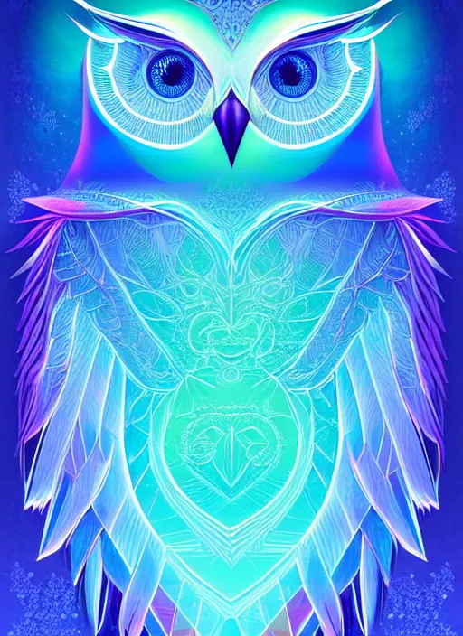 Image similar to symmetry!! product render poster vivid colors divine proportion owl, ice and snow, glowing fog intricate, elegant, highly detailed, digital painting, artstation, concept art, smooth, sharp focus, illustration,