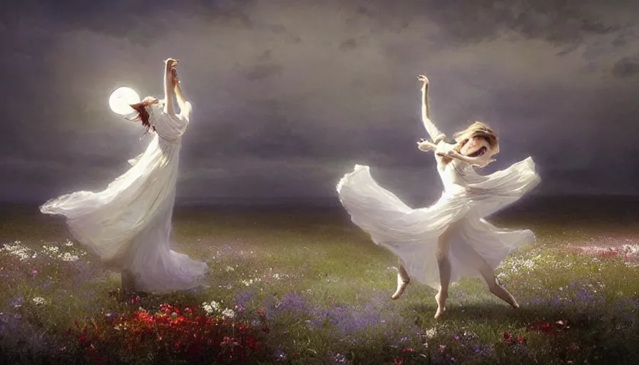 Image similar to dancers in white lit only by the moon, dancing across a flower meadow the twilight dance of the fae by aleksi briclot, greg rutkowski and ivan aivazovsky, contemporary dancers dancing artistic photography movement photorealistic volumetric cinematic light, award - winning, atmospheric fantasy sky