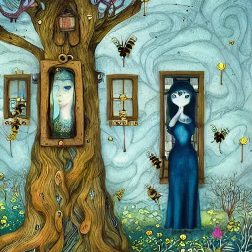 Image similar to a portrait of a woman standing infront of a window, she is happy and has lovely hair and eyes, a man is standing behind her with a look of suprise in his face, 🪴🌳🐝, 8 k, lowbrow, in the style of daniel merriam and alexander jansson,