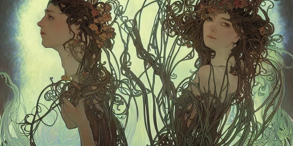 Image similar to creepy plant people, ominous, fungus tendrils by alphonse mucha, intense lighting, light beams, lens flare, intricate, elegant, highly detailed, digital painting, artstation, concept art, smooth, sharp focus, illustration, art by artgerm and serpentigena and alphonse mucha