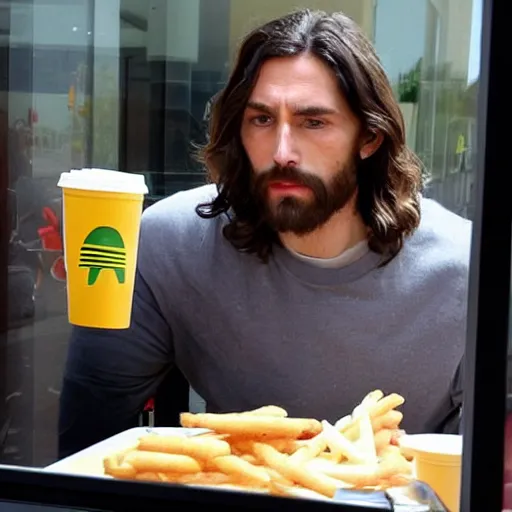 Prompt: jesus spotted eating at mcdonalds, paparazzi photo