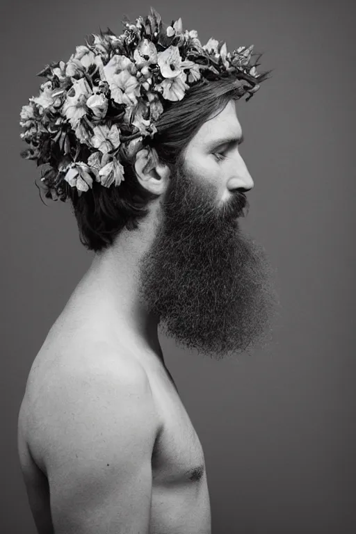 Prompt: a wonan's face in profile, with a long beard made of flowers, in the style of the Dutch masters and Gregory crewdson, dark and moody