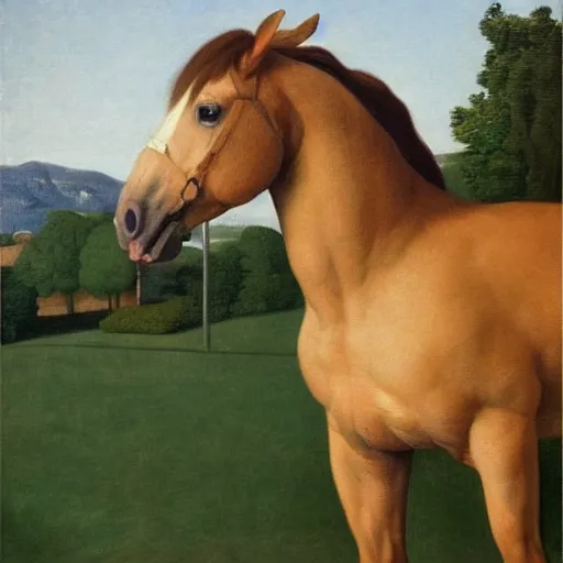 Image similar to a horse-person by Raphael, Hopper, and Rene Magritte. detailed, romantic, enchanting, trending on artstation.