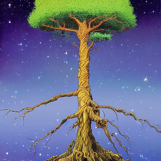 Image similar to a large tree rooted in a crystal hovering in space, by moebius