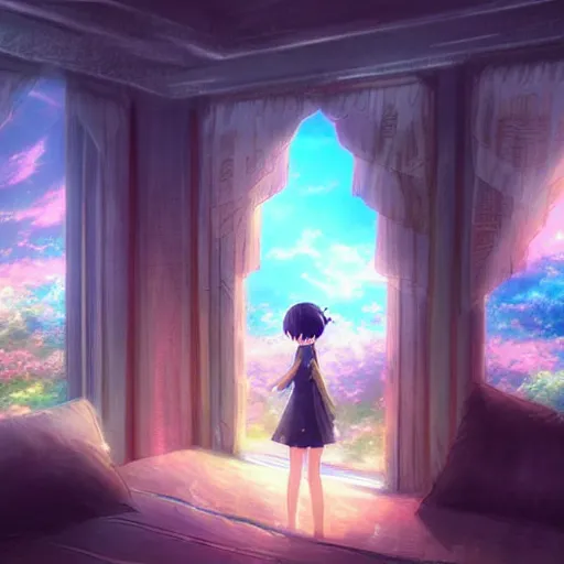 Image similar to a heavenly dream view from the interior of my cozy dream world filled with color from a Makoto Shinkai oil on canvas inspired pixiv dreamy scenery art majestic fantasy scenery fantasy pixiv scenery art inspired by magical fantasy exterior