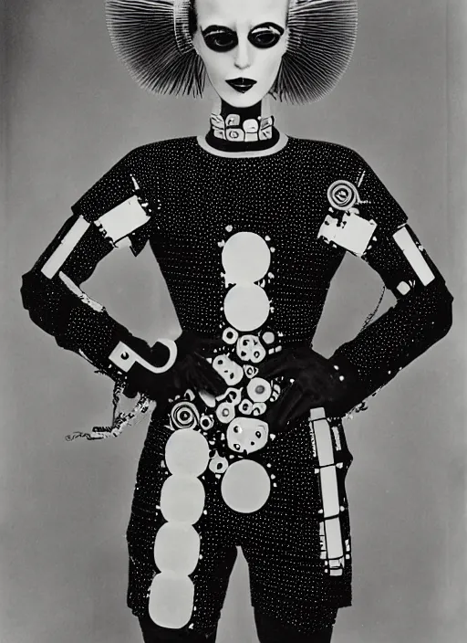 Prompt: Portrait of a punk goth fashion fractal cosmonaut girl wearing kimono made of circuits and leds, surreal photography by Man Ray