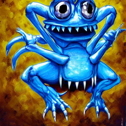 Prompt: Trending on artstation, Blue frog trapped in a metal cage from Yu-Gi-Oh, in the style of Kazuki Takahashi, oil on canvas