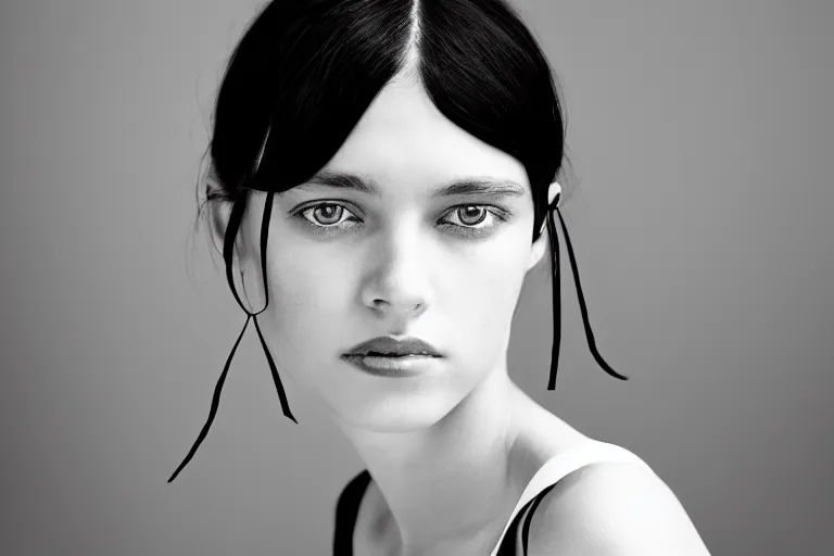 Prompt: black and white portrait photo of beautiful young female model with black hair pinned up, symmetric face, symmetric eyes, slight smile, natural light, low contrast, photo by Peter Lindbergh, 8K