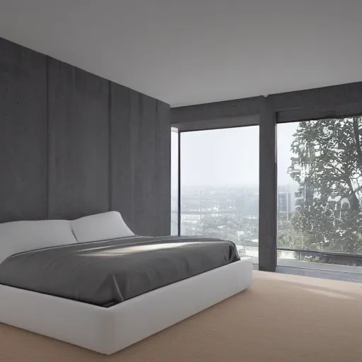 Prompt: brutalist bedroom, big windows, showing city landscape on background, minimalist architecture, minimalist furniture, octane render, high quality, 8 k, post production