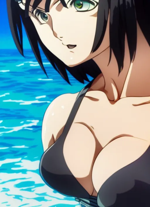 Image similar to film still portrait of fubuki from one punch man, wearing two - piece swimsuit, closeup at the faces, by ilya kuvshinov, finely detailed feature, anime, perfect art, deroo, pixiv top monthly, trending on artstation, cinematic, danbooru, zerochan art, kyoto animation