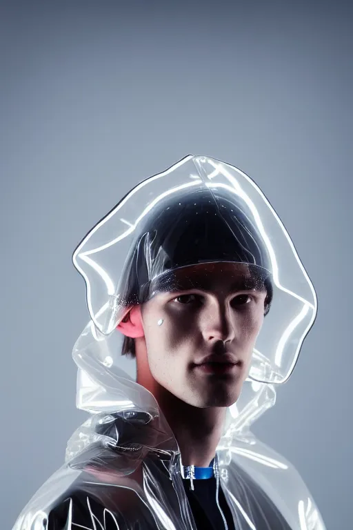 Image similar to an ultra high definition professional high fashion portrait studio full length photograph of a male model wearing a transparent pearlescent raincoat and neon visor in an icelandic black rock environment at dawn. no artefacts. extremely detailed. stark. refraction. shallow depth of field. volumetric light and shadow. ray tracing. light rays.