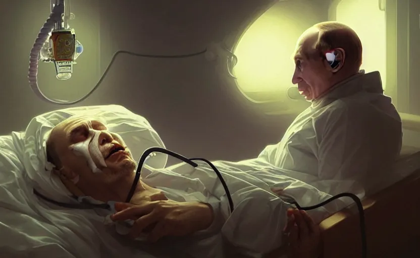 Image similar to Putin suffocates with oxygen mask on a death bed, intricate, portrait, highly detailed, digital painting, artstation, concept art, smooth, sharp focus, illustration, cinematic lighting, art by artgerm and greg rutkowski and alphonse mucha